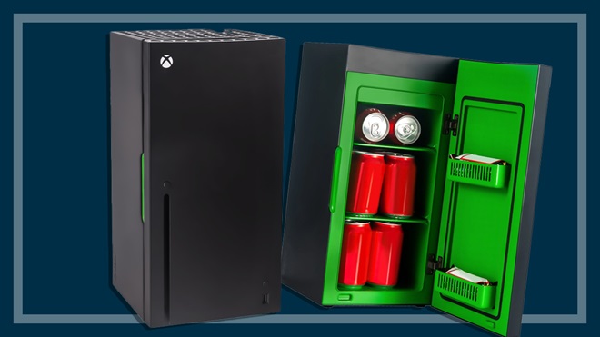 Xbox Series X Replica Mini Fridge filled with red cans of drink